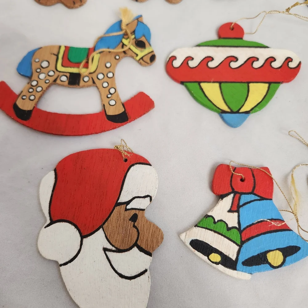 12 Flat Wooden Christmas Ornaments Vtg Bears Kids